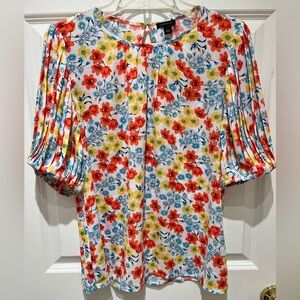 NWOT Ann Taylor Floral Puff-Sleeve Blouse in White, Red & Yellow